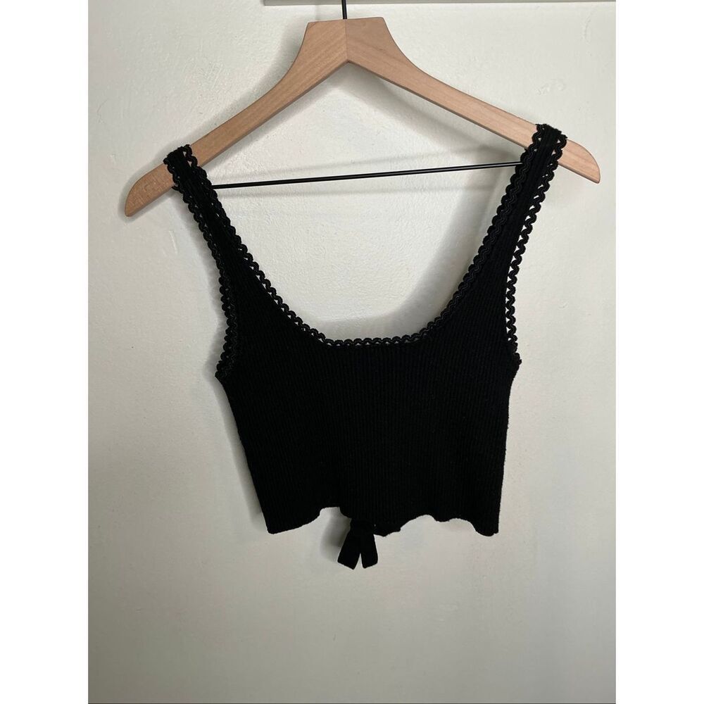 For Love & Lemons Ribbed Pointelle B-front Crop Tank Top | Black in Small - Picture 4 of 7